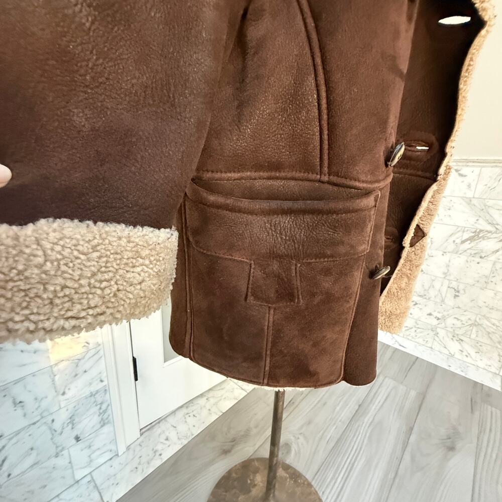 Vintage Chocolate Brown Double-Breasted Genuine Shearling Coat Reversible - Picture 3 of 12